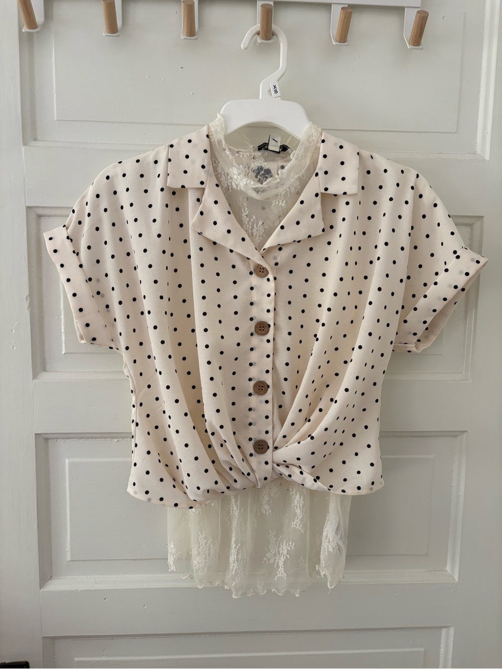 Francesca's Cream Blouse with Black Polka Dots